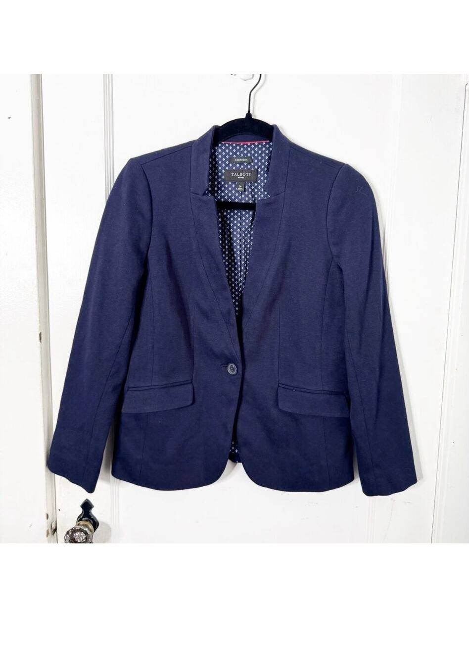 Talbots Aberdeen Blazer Jersey Knit Stretch Notched Collar Navy Structured 2P